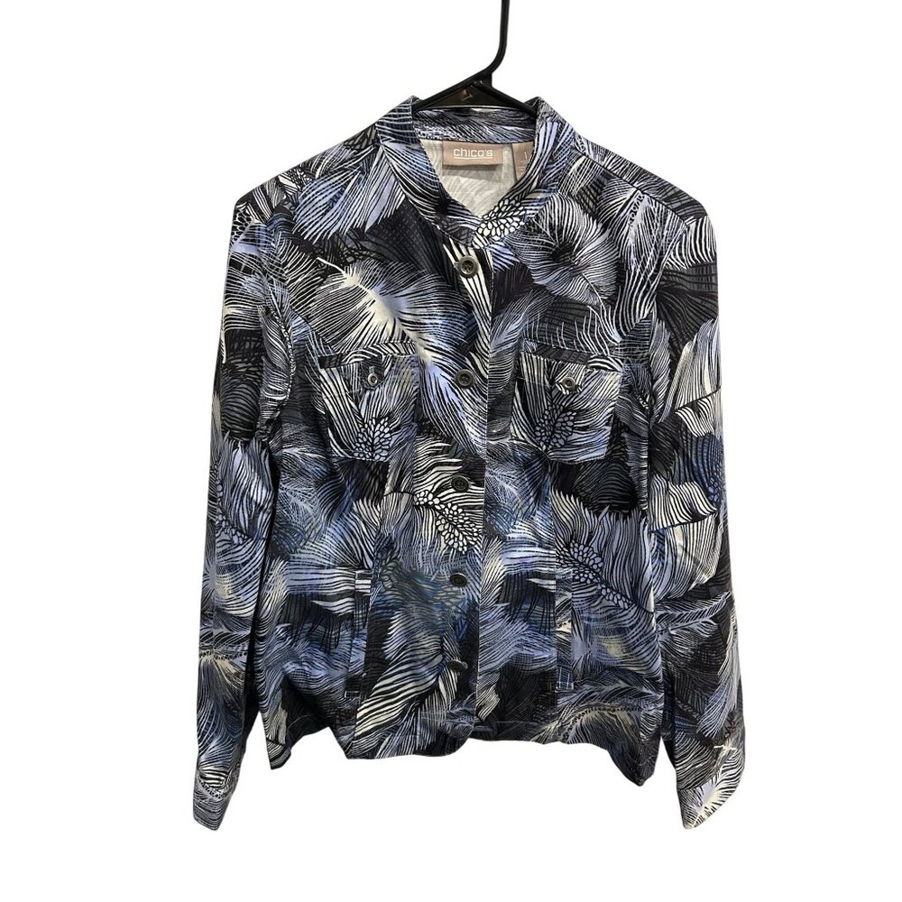 Chicos Womens Blue Black Feather Print Button-Up Jacket Sz Medium